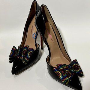 Betsey Johnson Women's Prince-p Bow Pumps Patent Leather with Rainbow Gem Bow